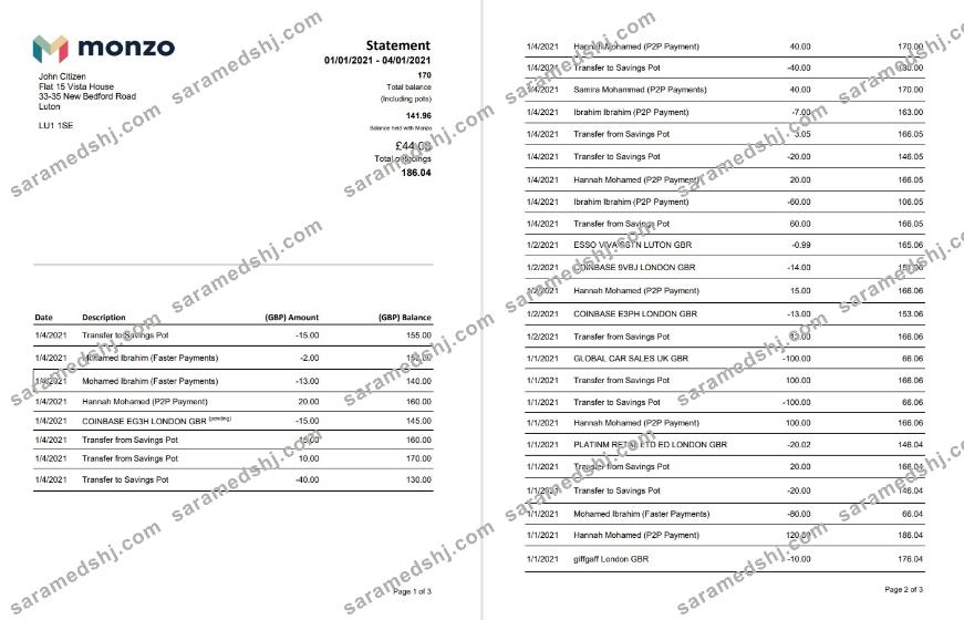 United Kingdom Monzo bank statement template in Excel and PDF format (3 pages)